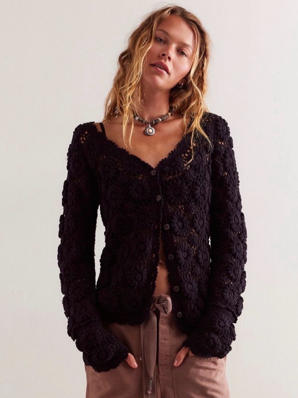 We The Free Black Floral Crochet Cardigan